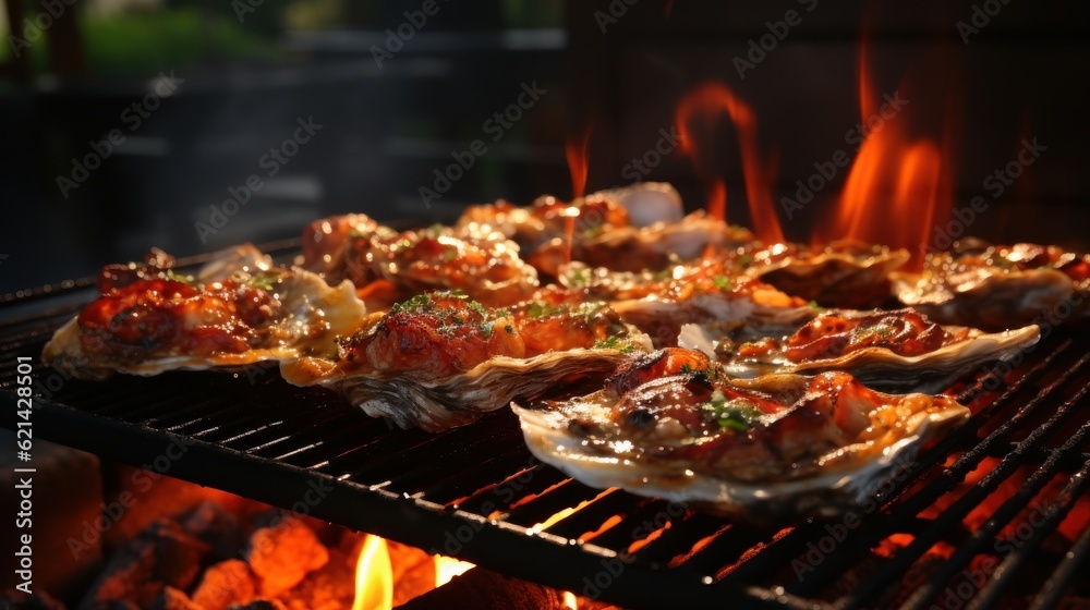 Food photography, grilled oysters, cooked on a grassy BBQ, shot on top of a real grill, surrounded by flames and grates,