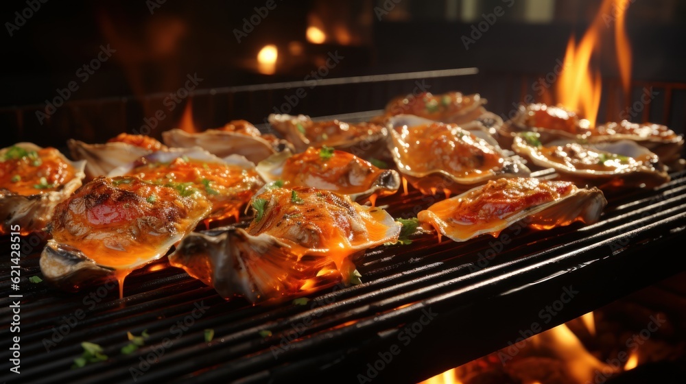 Food photography, grilled oysters, cooked on a grassy BBQ, shot on top of a real grill, surrounded by flames and grates,