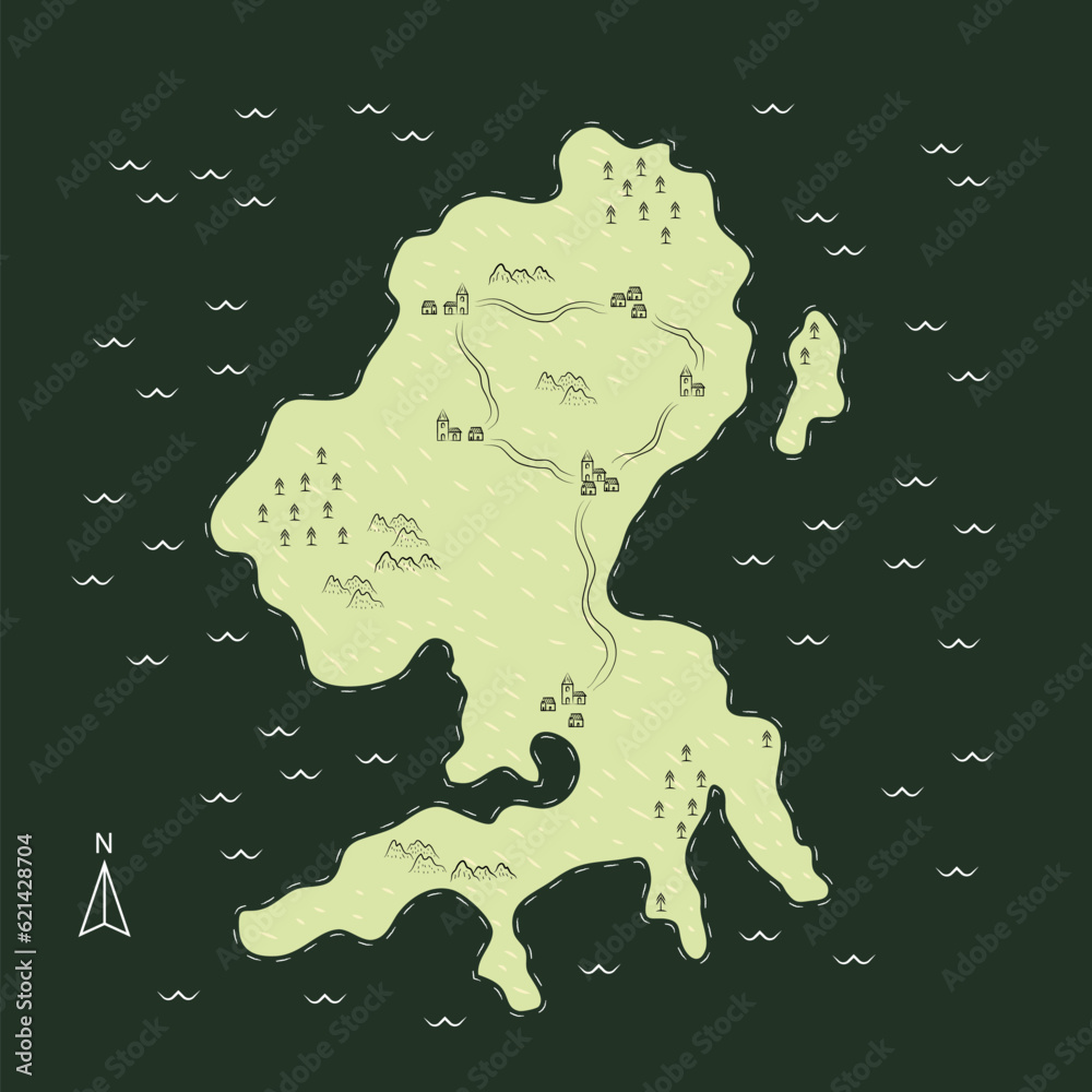 flat illustration fantasy map with island, sea, roads and village ...
