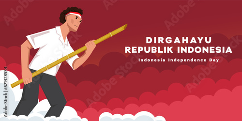 indonesia independence day horizontal banner with a person holding bambu runcing