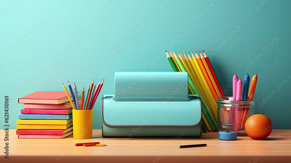 School desk with school accessory and backpack, back to school on isolated background - obrazy, fototapety, plakaty 
