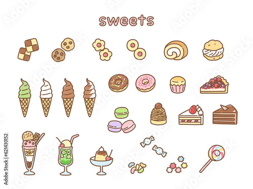 ポップでかわいい手描きスイーツイラストセット