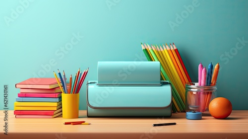 School desk with school accessory and backpack, back to school on isolated background photo