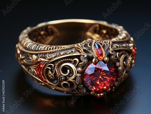 An ornate gold ring with a red jewel in the shape of a skull. The jewel glows. Fantasy Concept Art.