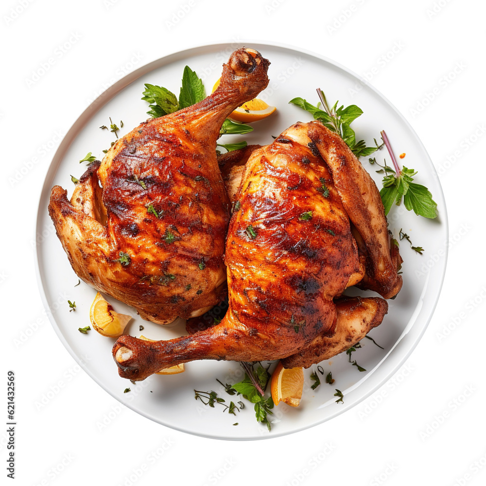 Tasty roast Delicious roasted Grilled Chicken on the Grill served on Plate transparent background Remove png created with Generative AI, Clipping Path. Tasty roast Delicious roasted Grilled Chicken on the Grill served on Plate transparent background Remove png created with Generative AI, Clipping Path.