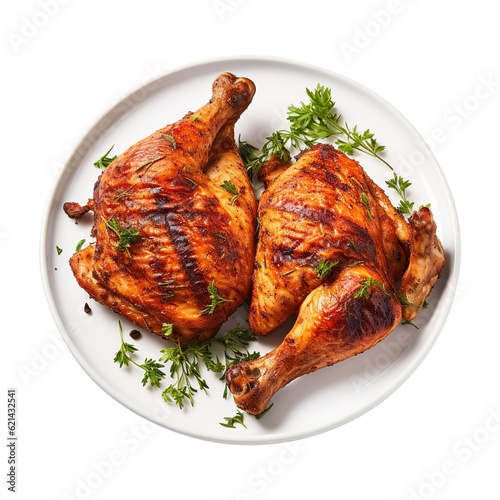 Tasty roast Delicious roasted Grilled Chicken on the Grill served on Plate transparent background Remove png created with Generative AI, Clipping Path.