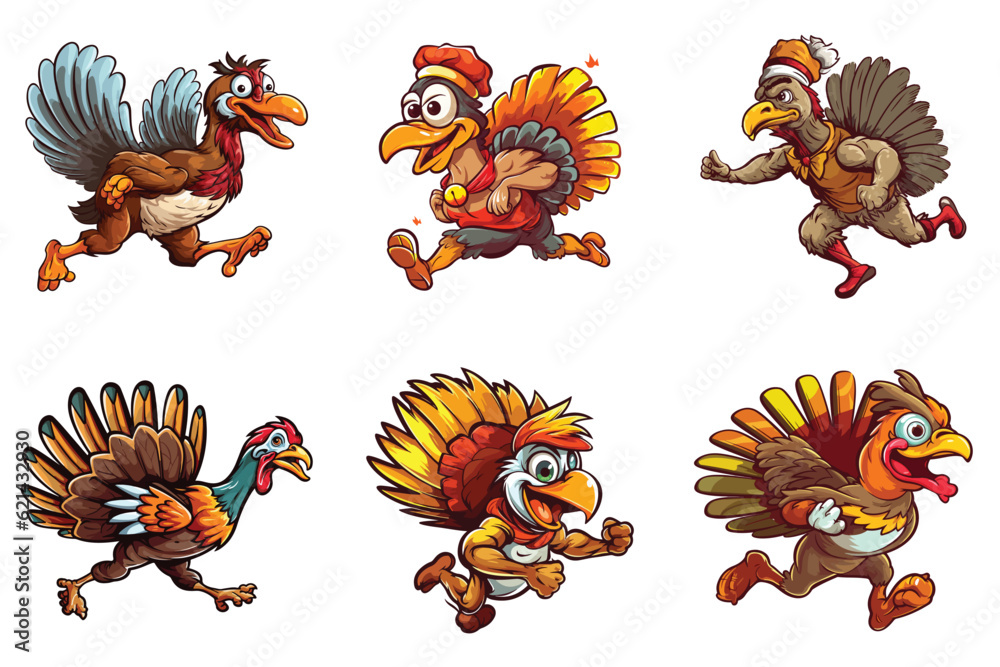 Thanksgiving turkey cartoon running clipart bundle vector illustration