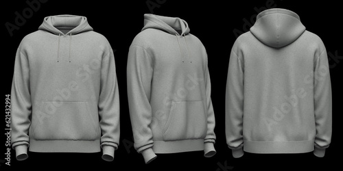 Obraz na plátně Blank hooded sweatshirt, men's hooded jacket with zipper for your design mockup for print, isolated on black background, 3d rendering, 3d illustration