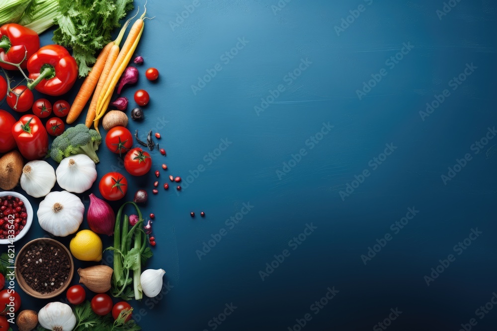 Vegetables and spices on a blue background. Food background. Vegetables and spices on a blue background. Food background.