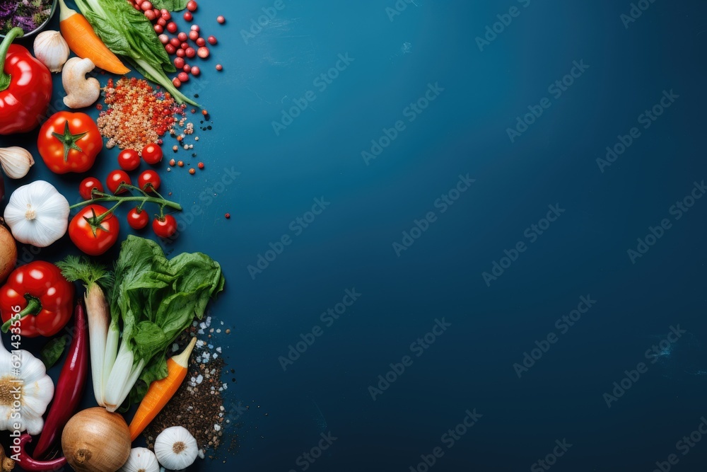 Fresh vegetables and spices on dark blue background. Healthy food concept.