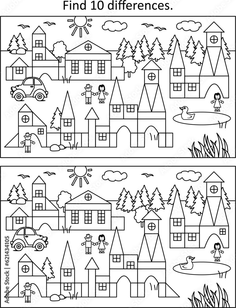Difference game and coloring page activity with toy town scene
