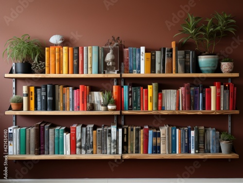 A photorealistic blog featured image of wall - mounted bookshelves for a blog post about decorating bedrooms