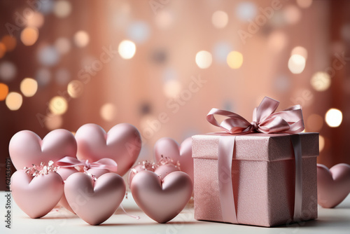 Pink and gold hearts foil balloons with gifts on pink bokeh Valentines Day background. AI generative