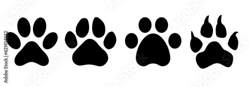 Paw print set. Paw foot trail print of animal. Dog, cat, bear, puppy silhouette