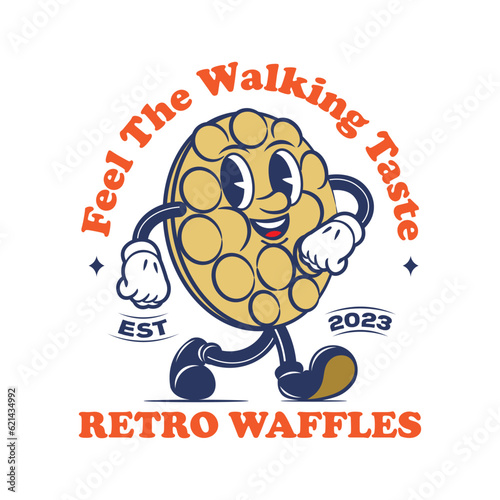 Retro cartoon walking waffles vector illustration, perfect for food store logo and t shirt design
