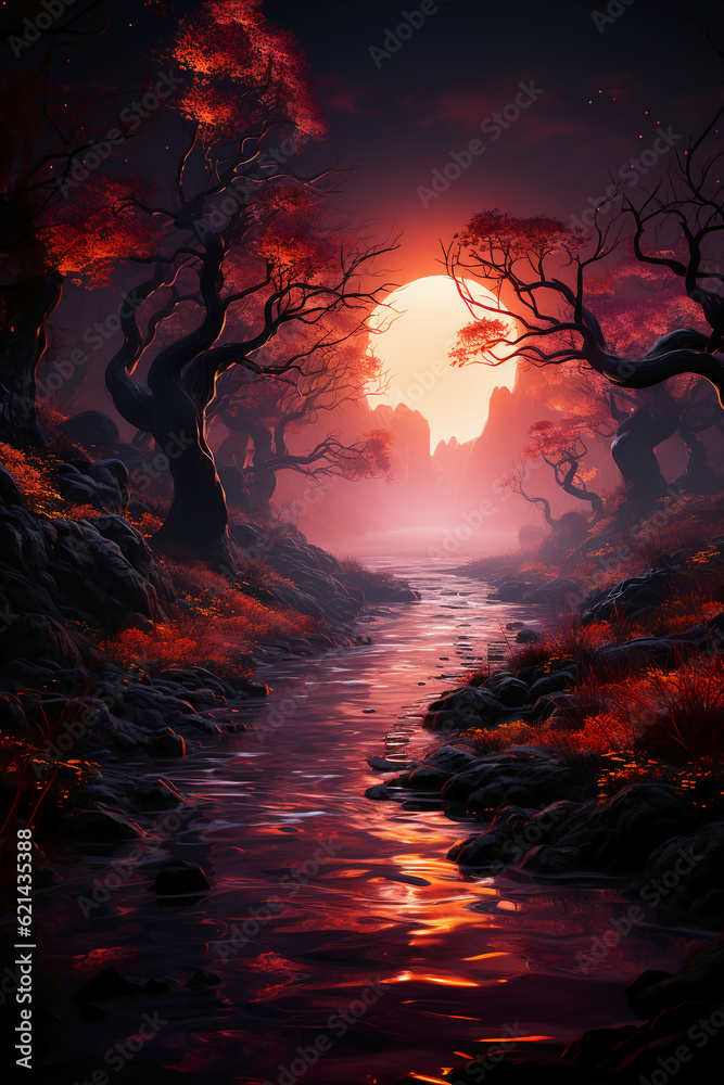 full red molten sun over ocean in high winter waves. AI generative full red molten sun over ocean in high winter waves. AI generative