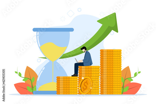 Time is money concept, financial investment fund, income increase, income growth, pile of hourglass and coins, budget planning, retirement savings, businessman sitting on pile of coins.