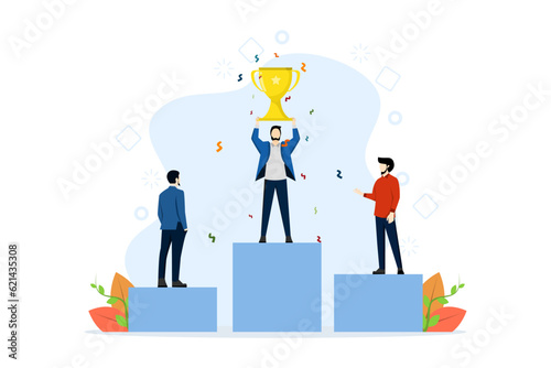 concept of winning in business. businessmen standing on the podium in first, second and third places. winners get prizes for the best results vector, flat vector illustration on a white background.