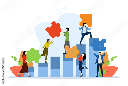 Business concept, Team metaphor, people connecting puzzle elements, Flat design style vector illustration, Symbol of teamwork, cooperation, partnership. flat vector illustration on a white background.