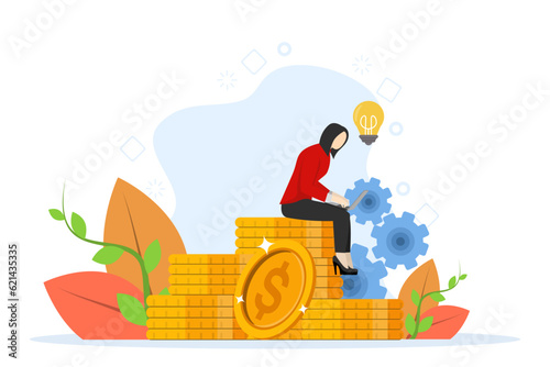Freelancer working on laptop computer. Investment online web internet work concept. Finance work and management concept. Businesswoman with pile of money. Flat vector illustration.