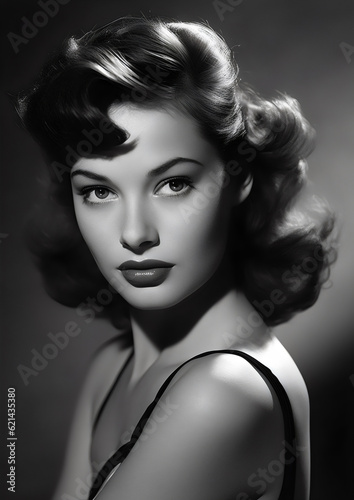 vintage actress headshot from golden age of cinema, black and white photo made with generative ai photo
