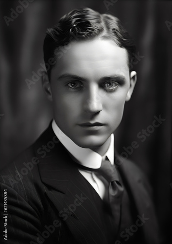 vintage male actor headshot from golden age of cinema, black and white photo made with generative ai