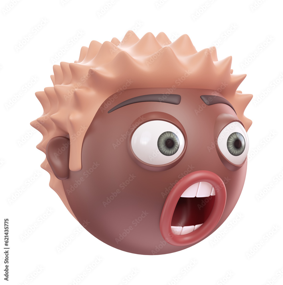 Fototapeta premium Emoji astonished face of funny black african american man. Cartoon smiley on transparent background. 3D render left view