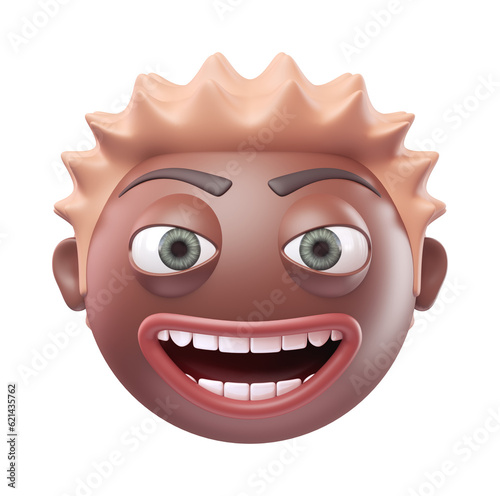 Emoji grinning face of funny black african american man. Cartoon smiley on transparent background. 3D render front view