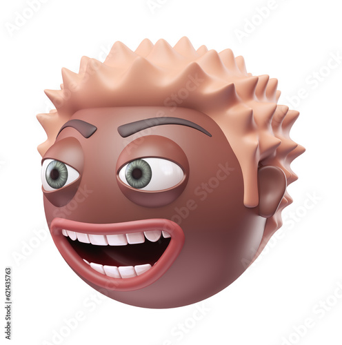 Emoji grinning face of funny black african american man. Cartoon smiley on transparent background. 3D render right view