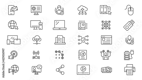Internet computer line icon set. Website icon for contact icons. Computer, network, website, server, web design, hardware, software and more. Website set icon vector