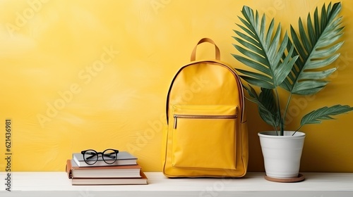 School desk with school accessory and backpack, back to school on isolated background, 3D Illustration