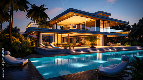 Tropical villa view with swimming pool and open living room at dusk