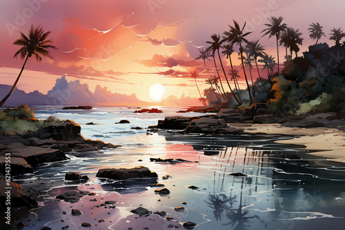 Serene watercolor landscape of Hawaii on a cloudy, overcast sunrise. AI generative © SANGHYUN