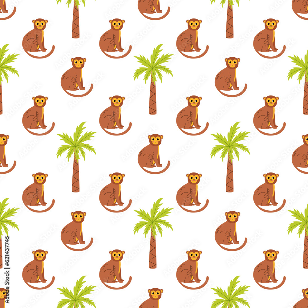 Obraz premium Seamless pattern with cute monkeys and palms.