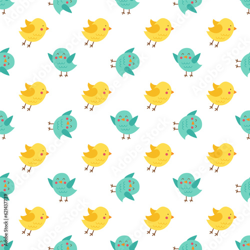Spring repeat pattern with cute blue and yellow birds.