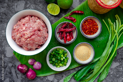Pork larb (Thai food) ingredients top view