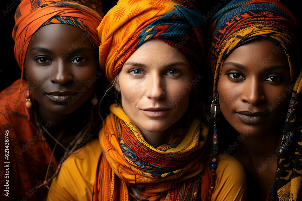 Portrait of three women of different ethnicity. Diversity and Inclusion. Generative AI.