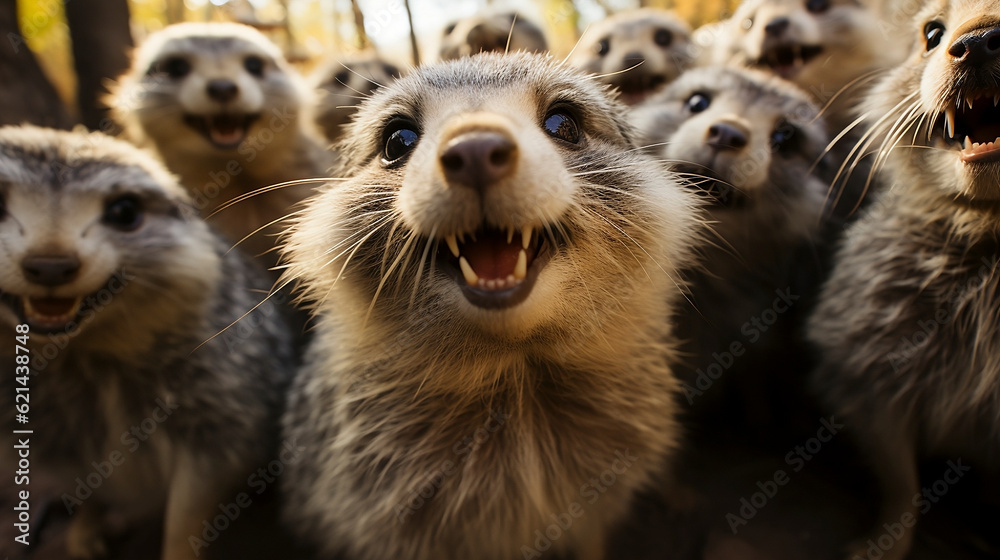 Selfie of a group of animals. Group of suricatas. Generative AI.
