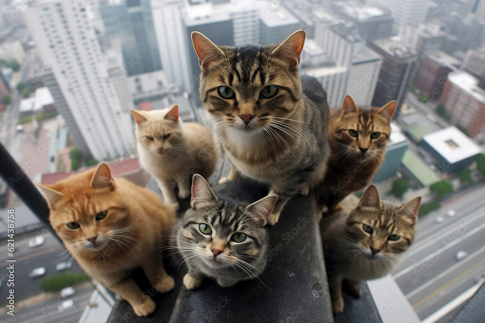 Group of cats on a roof top or building wall. Generative AI.