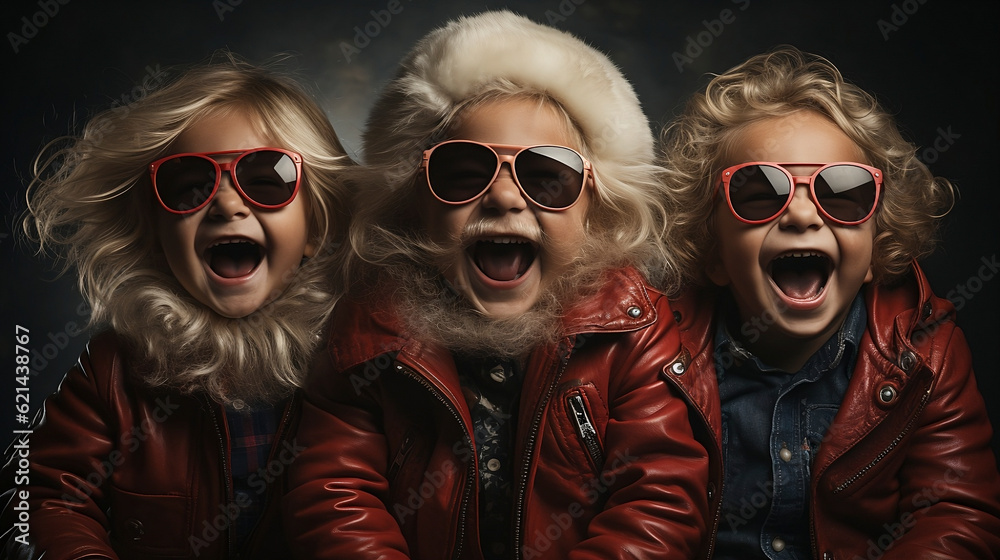 Portrait of three children dressed as Santa Claus. Funny and amusing. Laughing. Generative AI.
