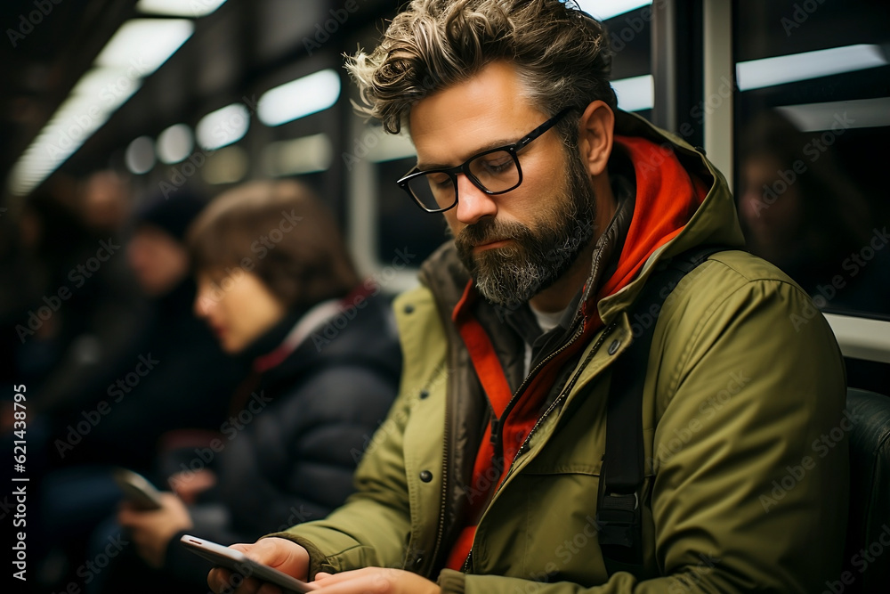 Realistic photograph of a young man using his cell phone while traveling in the subway. Generative AI.