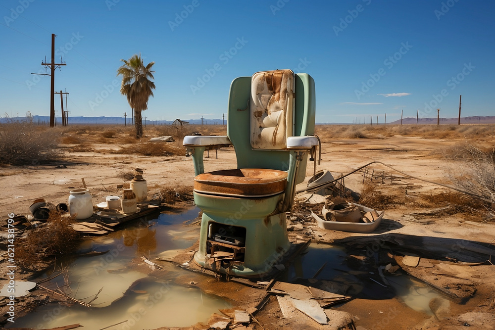 Retro barber's chair in the middle of the desert. Environmental pollution. Generative AI.