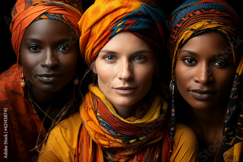 Portrait of three women of different ethnicity. Diversity and Inclusion. Generative AI.