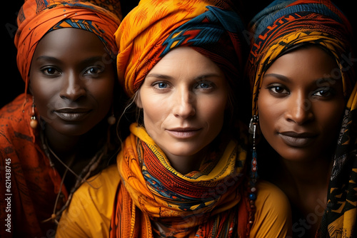 Obraz na płótnie Portrait of three women of different ethnicity. Diversity and Inclusion. Generative AI. w salonie