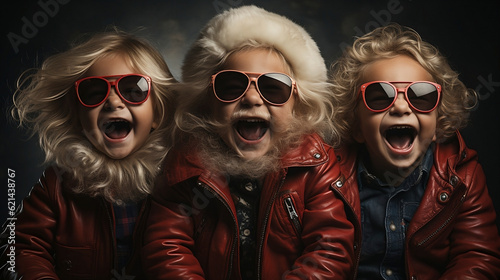 Obraz na płótnie Portrait of three children dressed as Santa Claus. Funny and amusing. Laughing. Generative AI. w salonie