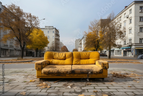 Retro yellow couch in the street. Environmental pollution. Generative AI.