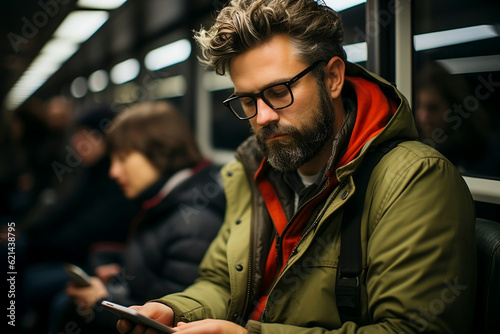 Obraz na płótnie Realistic photograph of a young man using his cell phone while traveling in the subway. Generative AI. w salonie