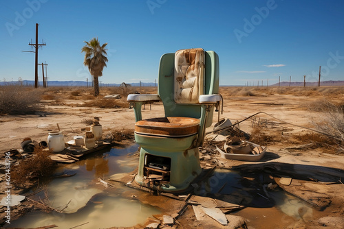 Obraz na płótnie Retro barber's chair in the middle of the desert. Environmental pollution. Generative AI. w salonie