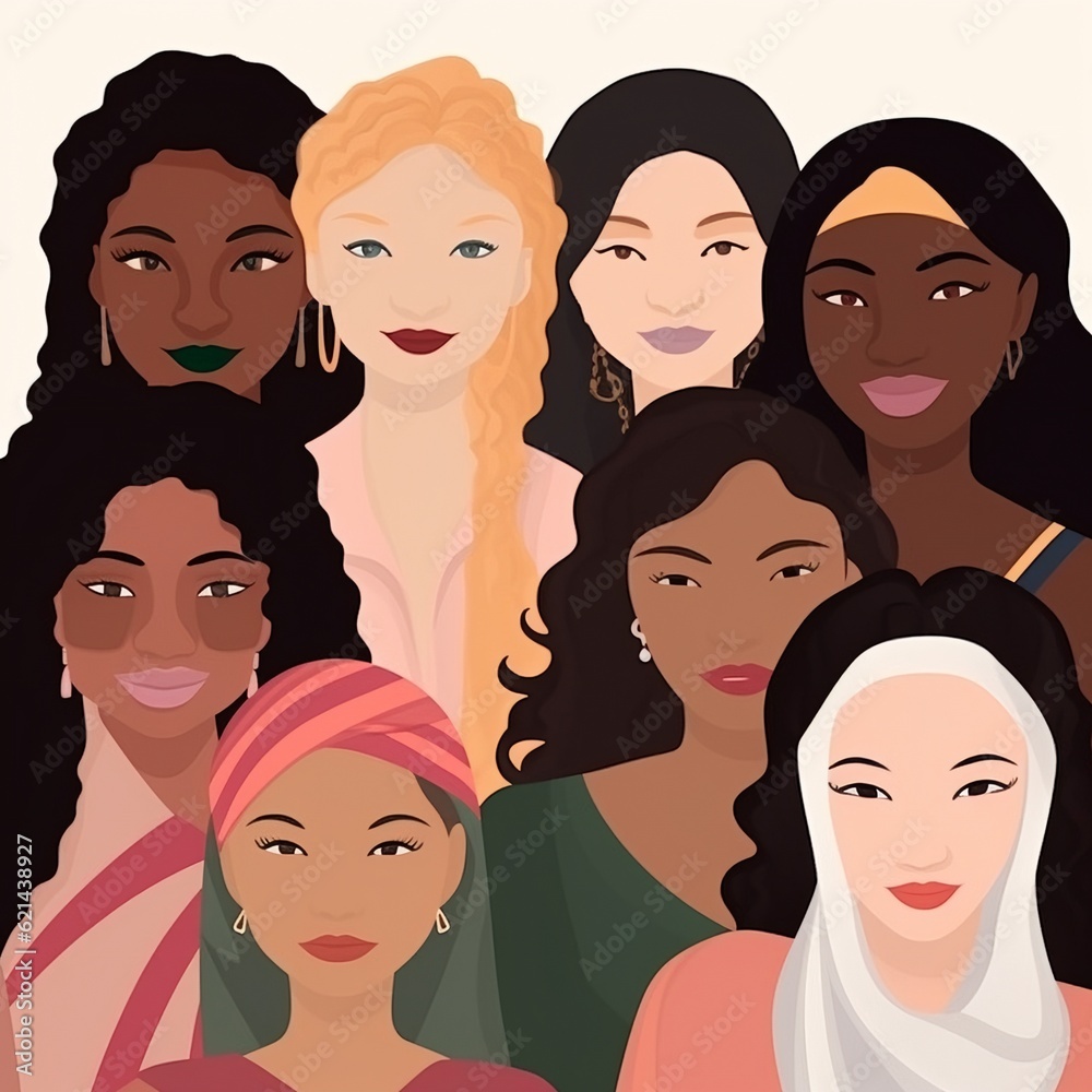 Multi-ethnic beauty. Different ethnicity women: African, Asian, Chinese, European, Latin American, Arab. Women different nationalities and cultures. The struggle for equality. Generative ai