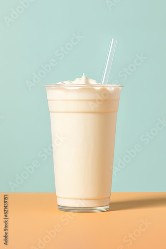 Vanilla milkshake in plastic takeaway cup isolated on pastel background